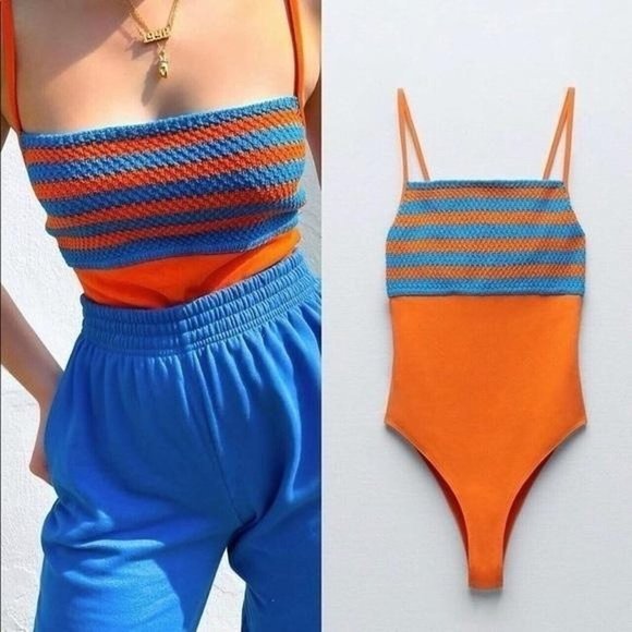 Zara Tops - Zara Womens Crochet Bodysuit Sz L Orange Blue Blogger Favorite Spaghetti Straps